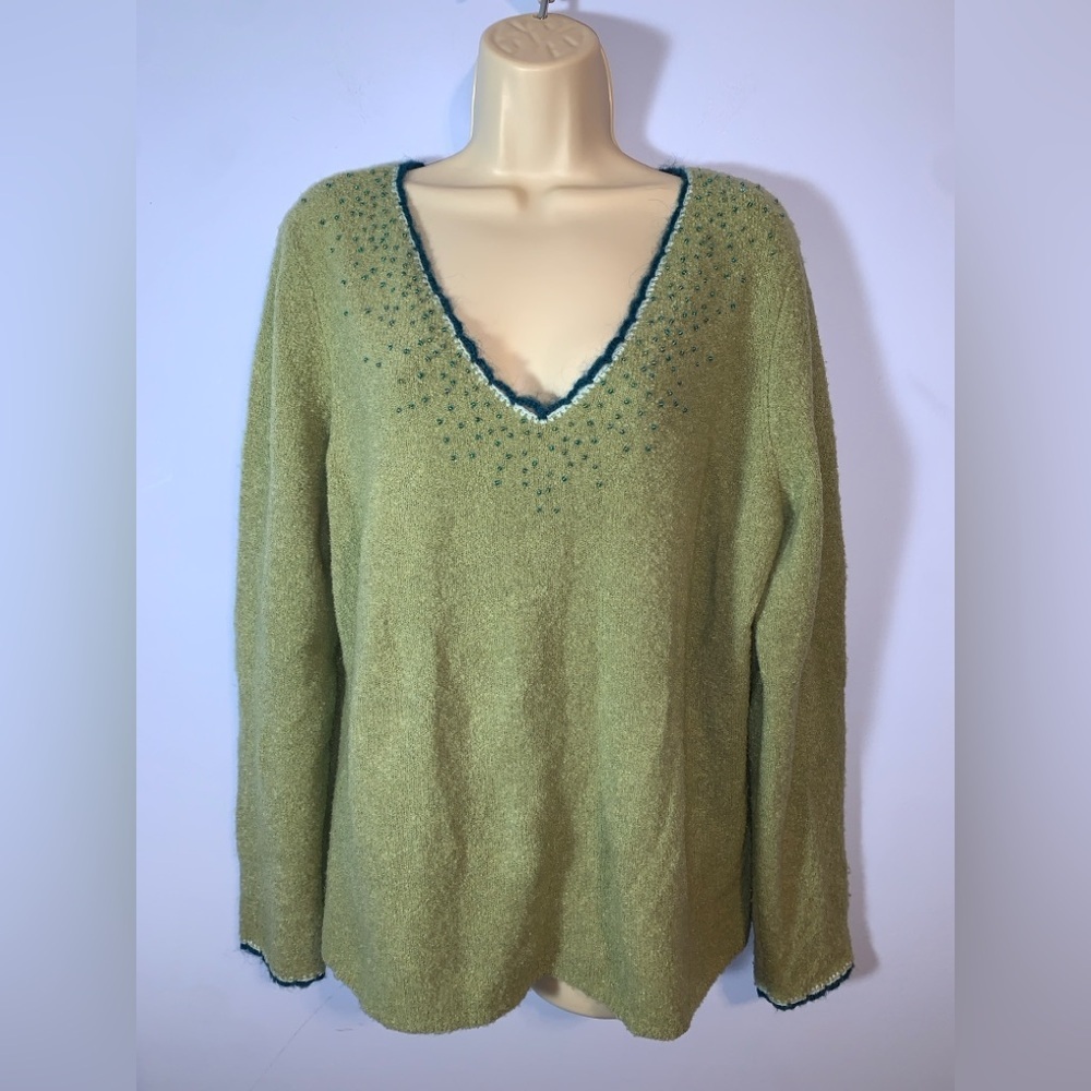 Linden Hill Green V-Neck Women's blue beaded Sweater XXL wool nylon mohair
